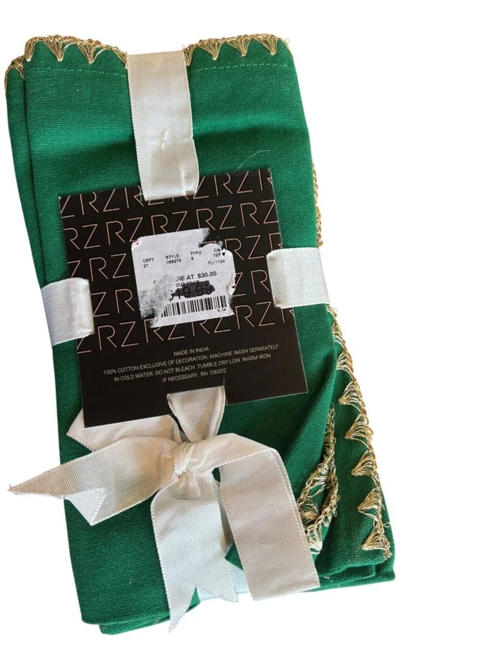 Rachel Zoe Set of 8 napkins red green gold trim NWT